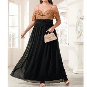 Black  Metallic Gold Max Full Lenght Empire Waist Dress XL New NWOT